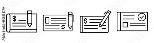 Bank check line icons. financial payment document outline symbols.