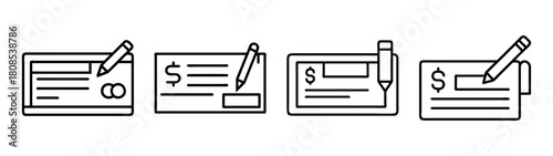 Set of bank check and pen line icons for financial transactions