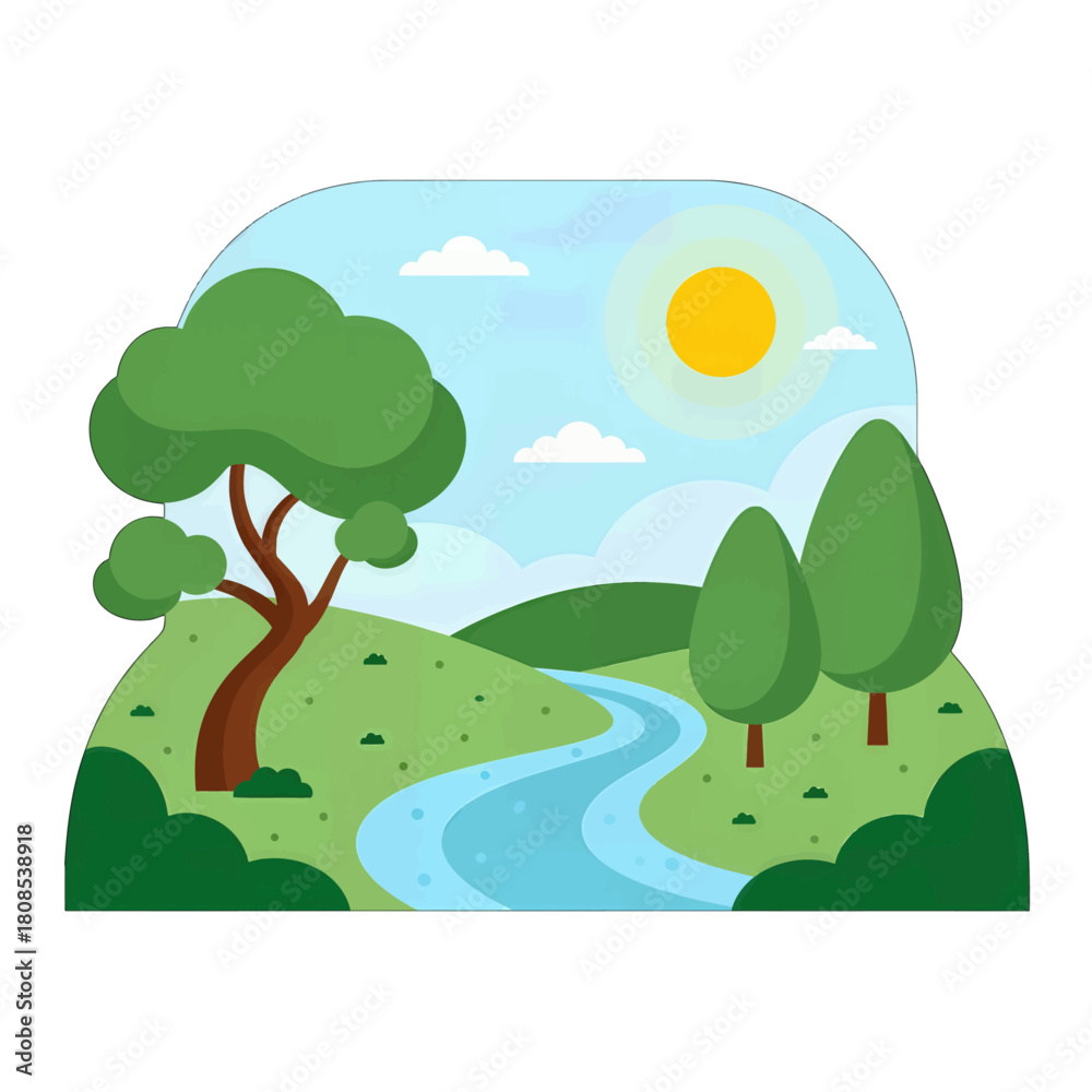 Obraz premium Playful Cartoon Landscape with Trees and River