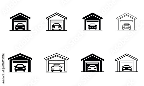 Car garage icon set in minimal black and white outline style
