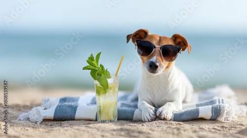Relaxing dog on beach, sunglasses, refreshing summer drink