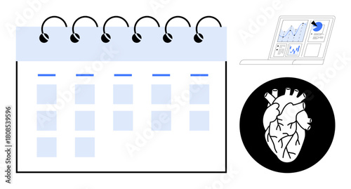 Calendar with spiral binding, laptop displaying analytics, and anatomical heart icon highlight health tracking, scheduling, and data analysis. Ideal for healthcare, time management, cardiology