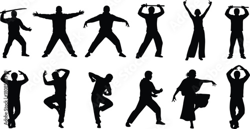 Set of black silhouettes of people practicing martial arts, kung fu, sword fighting, and dancing poses, isolated on white background.