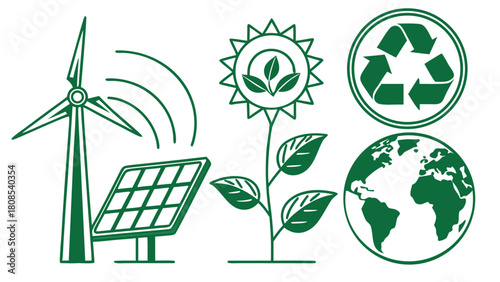 Green Energy and Sustainability Solid Icon Set – Eco-Friendly Power Symbols, Renewable Resources, and Environmental Conservation Vector Graphics