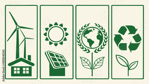 Green Energy and Sustainability Solid Icon Set – Eco-Friendly Power Symbols, Renewable Resources, and Environmental Conservation Vector Graphics