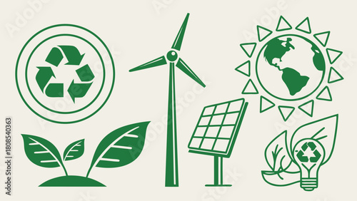 Green Energy and Sustainability Solid Icon Set – Eco-Friendly Power Symbols, Renewable Resources, and Environmental Conservation Vector Graphics