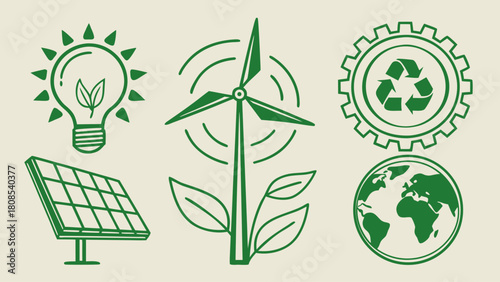 Green Energy and Sustainability Solid Icon Set – Eco-Friendly Power Symbols, Renewable Resources, and Environmental Conservation Vector Graphics