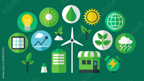 Green Energy and Sustainability Solid Icon Set – Eco-Friendly Power Symbols, Renewable Resources, and Environmental Conservation Vector Graphics