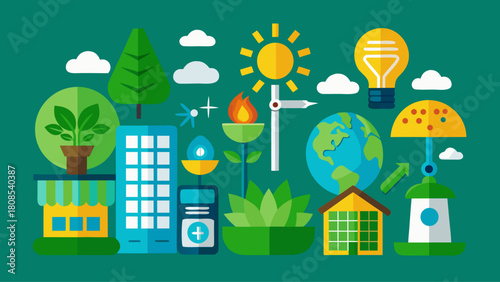 Green Energy and Sustainability Solid Icon Set – Eco-Friendly Power Symbols, Renewable Resources, and Environmental Conservation Vector Graphics