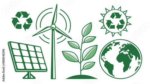 Green Energy and Sustainability Solid Icon Set – Eco-Friendly Power Symbols, Renewable Resources, and Environmental Conservation Vector Graphics