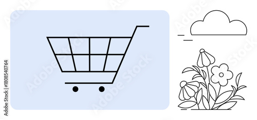 Minimalist shopping cart, blooming flowers, and cloud promoting sustainability, eco-shopping, and nature. Ideal for retail, e-commerce, environment, sustainability gardening modern design simple