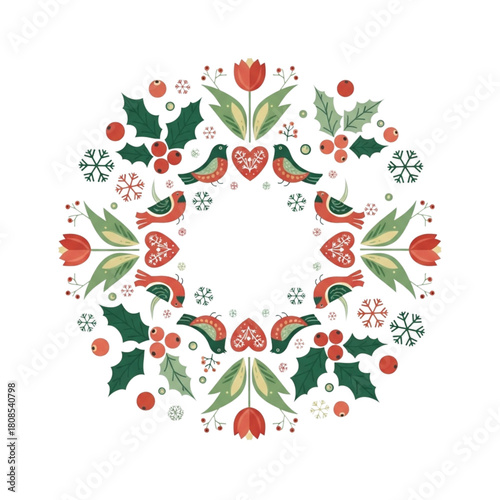Scandinavian Folk Art Christmas Wreath Frame with Birds, Hearts, Tulips, Holly Berries, and Snowflakes Isolated on Transparent Background Vector Illustration