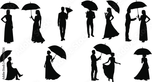 Umbrella silhouette, human interaction, standing pose, walking figure, seated person, gesture motion, black outline, white background, rain protection, companionship