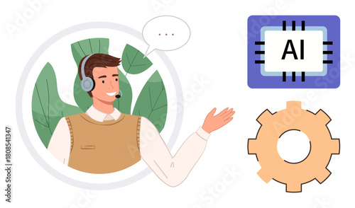 Customer support agent wearing headset gestures toward AI microchip and cogwheel, symbolizing artificial intelligence and automation usage. Ideal for customer service, technology, AI, helpdesk