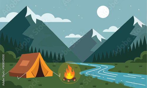 Camping tent by river, flat design mountain landscape at night