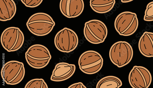 Brown walnuts in shells, minimal hand-drawn pattern on black
