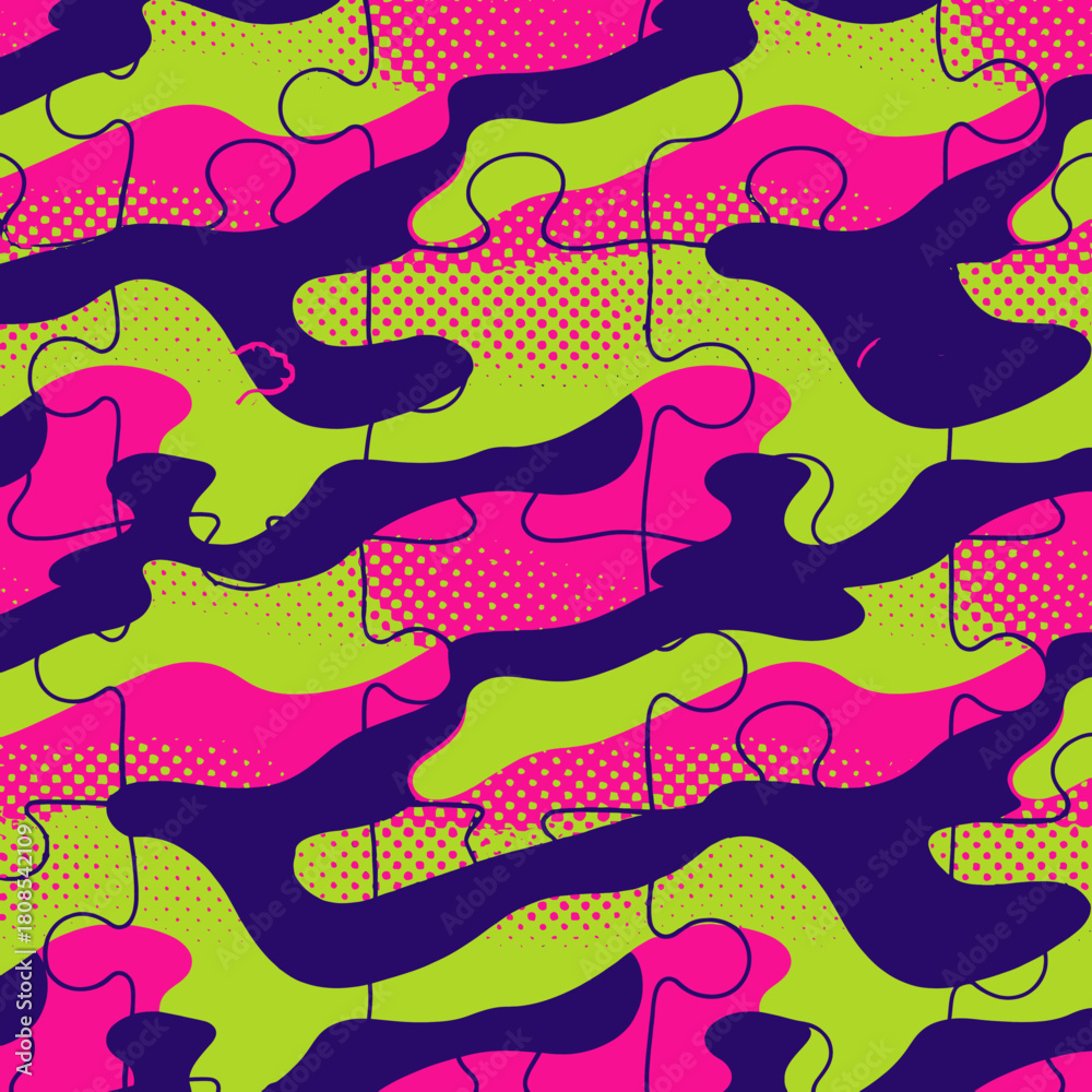Fototapeta premium Colorful jigsaw puzzle pattern with vibrant camouflage design