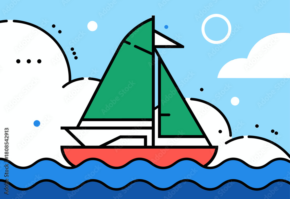 Naklejka premium Colorful sailboat illustration, flat design, ocean scene