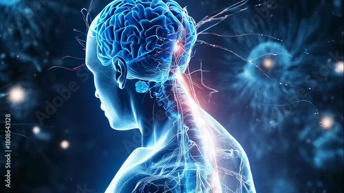 Human neurology showing brain activity and spinal cord impulse. Central nervous system function with neural network and neurotransmission process.