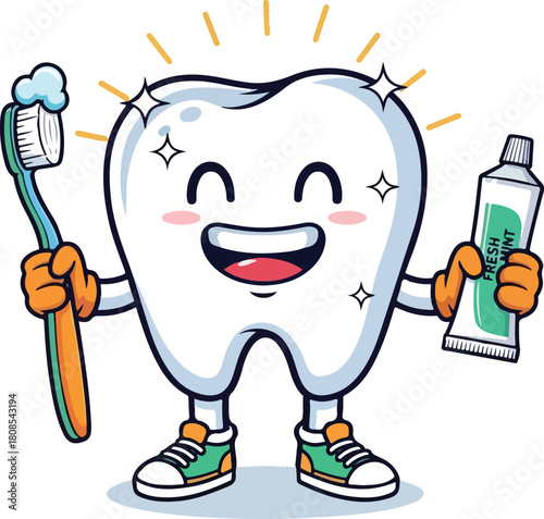 Cute Cartoon Tooth Holding Toothbrush Vector Illustration

