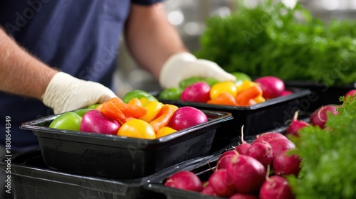 Preparing fresh colorful vegetables in black trays