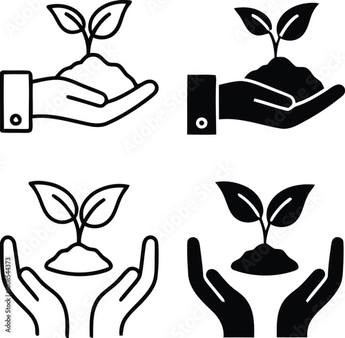 Hands holding a small plant seedling growing from soil icons
