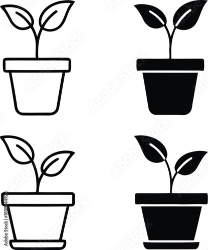Four simple icons of a seedling growing in a pot outline and solid fill