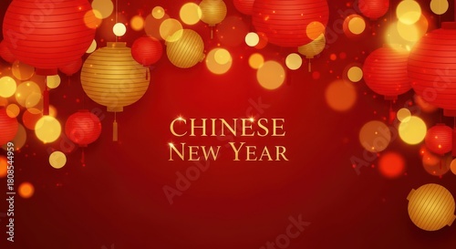 Chinese new year greeting with red and gold lanterns and bokeh lights
