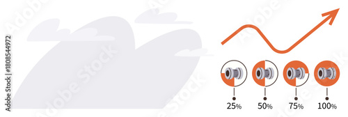 Growth chart with four progress indicators showing 25 to 100, orange upward arrow, and abstract cloudy background. Ideal for success, progress, business, finance, startup, analysis goal-setting