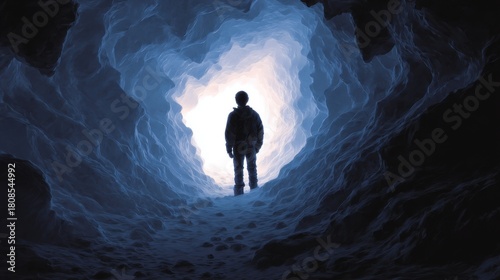 Person in dark ice cave walking towards bright light