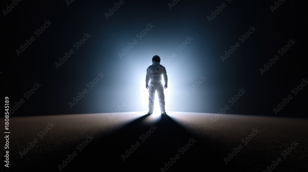 Fototapeta premium Astronaut standing, bathed in bright light on dark surface