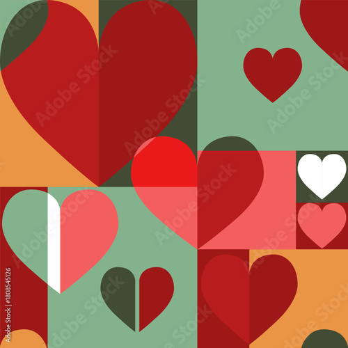 Graphic Valentine's Day vector seamless pattern. Abstract romantic background. Many big geometric shape hearts print. Simple flat style holiday design. Funny trendy cloth swatch. Bright festive card
