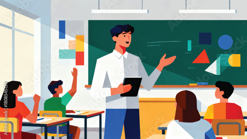 Illustration Of A Young Teacher Using A Tablet In Interactive Learning Vector Design Template