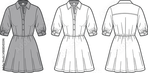 Women’s puff sleeve button shirt dress fashion template with front and back views, detailed technical sketch, sewing pattern, cad drawing flat vector illustration