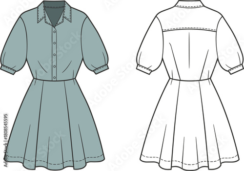 Women’s puff sleeve shirt dress fashion template with collar, front and back views, detailed garment sketch, sewing pattern, cad drawing flat vector illustration