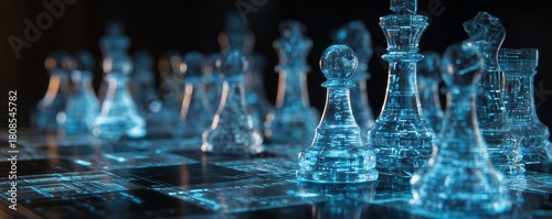 Futuristic chess pieces on a circuit board chessboard, concept for strategic technology planning, cybersecurity visualization and digital transformation initiative © Rifqi