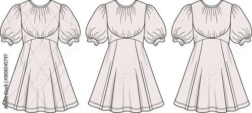 Elegant puff sleeve dress fashion template with front and back technical sketch details, curved panel seams, flared silhouette, stylish apparel CAD illustration