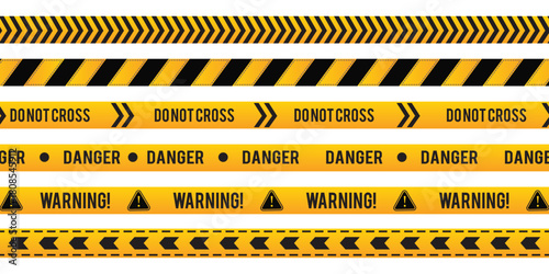 Vector collection of yellow striped police tape in seamless pattern do not cross, danger, warning Seamless Vector collection