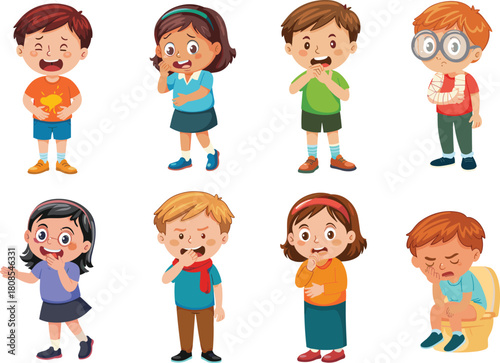 Cartoon kids showing different sickness symptoms and injuries, healthcare illustration set for medical education, child health awareness and symptom identification visuals