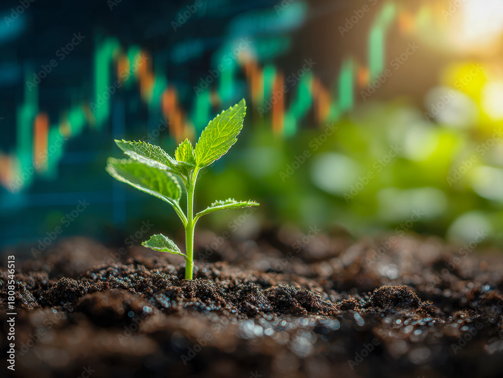 Fototapeta premium Young green plant sprouting from rich soil with blurred financial chart in background symbolizing growth and investment potential for future success