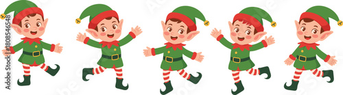 Cute Christmas elves dancing happily in festive costume, joyful holiday illustration, cheerful children characters, winter celebration art for seasonal design