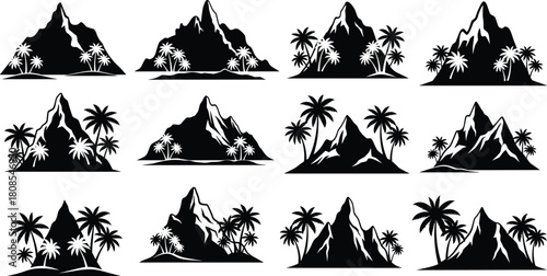 Set of black silhouettes of tropical islands with mountains and palm trees, summer nature vector illustration, isolated on white background.