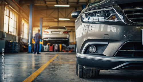 Close up of a car in a repair shop.