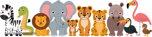 Cute cartoon wild animals collection including zebra snake lion elephant tiger leopard rhino flamingo toucan chick, adorable kids vector illustration