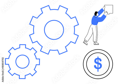 Business process concept. Gears automation and efficiency in operations. Business innovation highlighted with worker activity and currency connection. For finance, workflow systems, startups