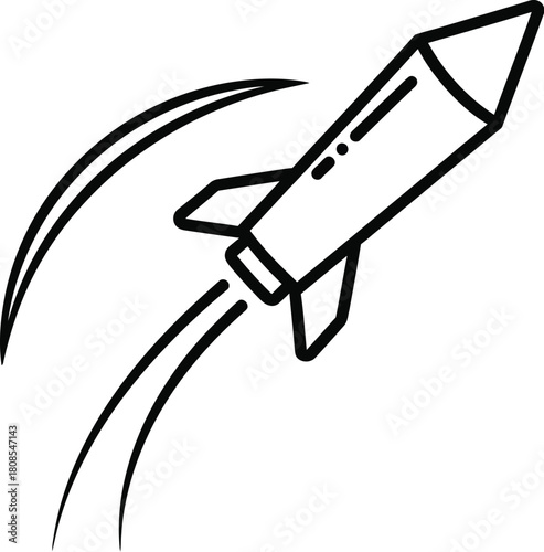 Rocket ship launching quickly into space with black outline