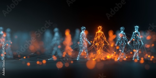 Abstract network figures walking with one highlighted in orange, concept for leadership, data analytics and technological innovation