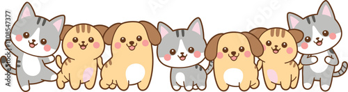 Cute cartoon cats and dogs standing together in a row, adorable kawaii animal illustration for children, pets design, stickers, and digital artwork