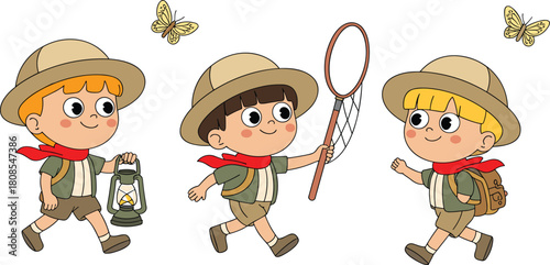 Cute cartoon children explorers walking with lantern, net, and backpack, outdoor adventure illustration with butterflies for education, kids books, and design