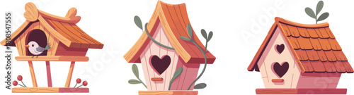 Cute wooden birdhouse collection with decorative plants and heart shapes, charming cartoon style illustration for nature, garden, spring, and creative design projects